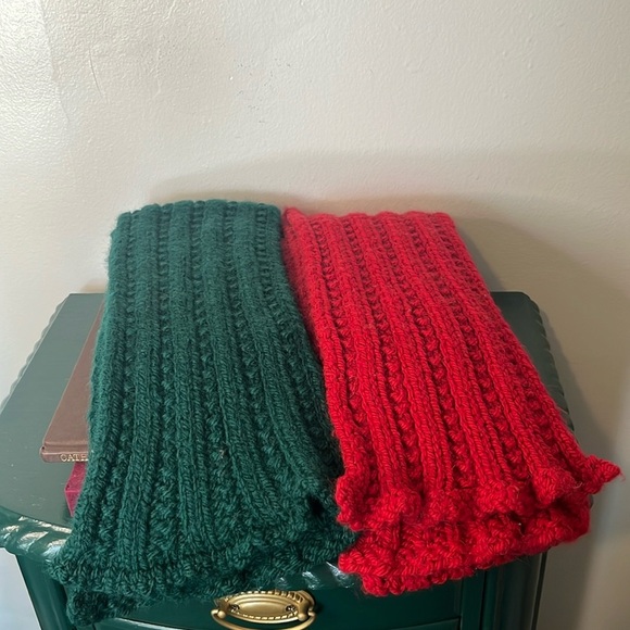 Handmade Accessories - Handmade Chunky Knit Red & Green Pair of Scarves 100% Wool Yarn Festive Holiday